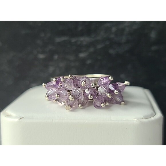 950 Silver Purple Plastic Beaded Cha Cha Ring Vintage, SIZE US 10 - Picture 4 of 10
